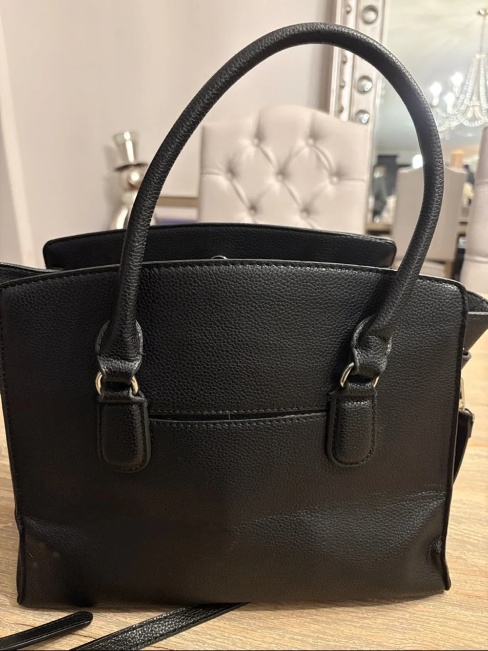 Dana Buchman Black Pebbled faux leather Satchel Silver Lock Crossbody Strap